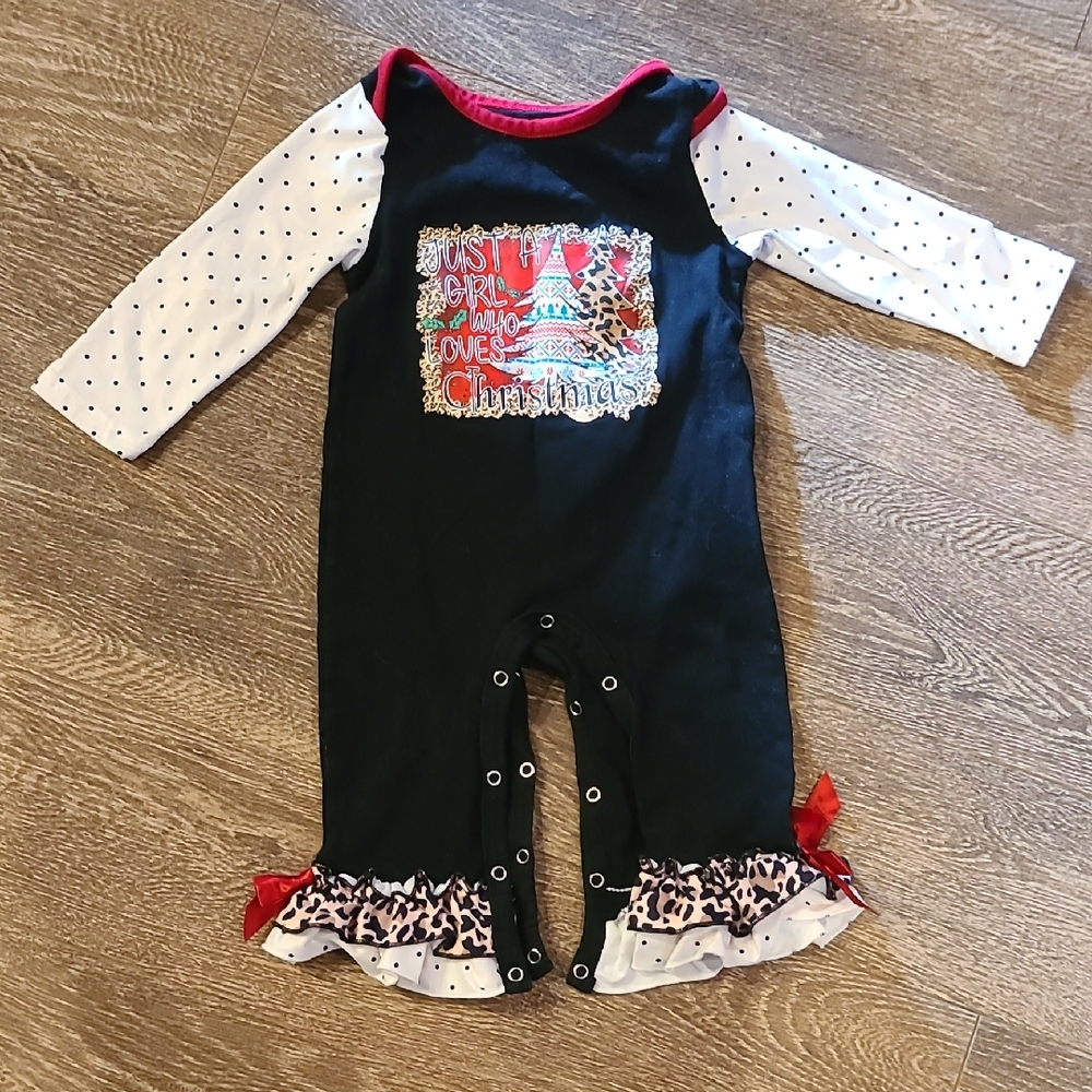 Marie Nicole Black and White Polka Dot Christmas Romper Size 12-18 Months